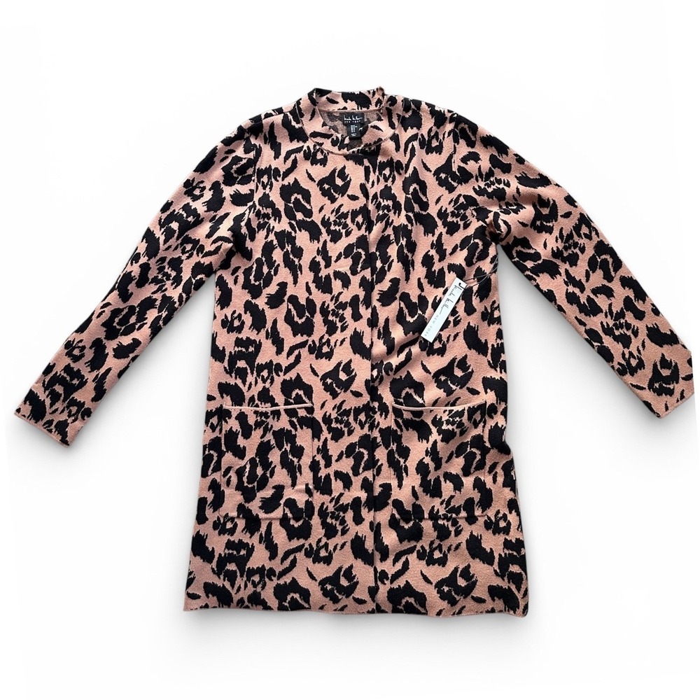 Nicole Miller Cardigan Women XL Tan Black Leopard Animal Print Longline New NWT